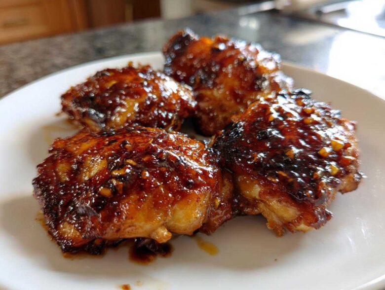Three pieces of glistening Sticky Teriyaki Chicken Thighs with Garlic coated in a thick, dark glaze.