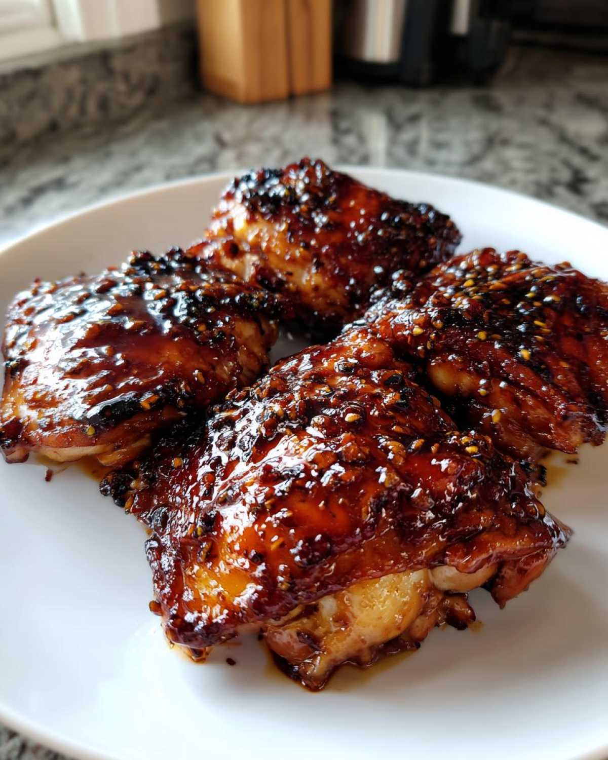 Four pieces of glazed Sticky Teriyaki Chicken Thighs sprinkled with sesame seeds on a white plate.