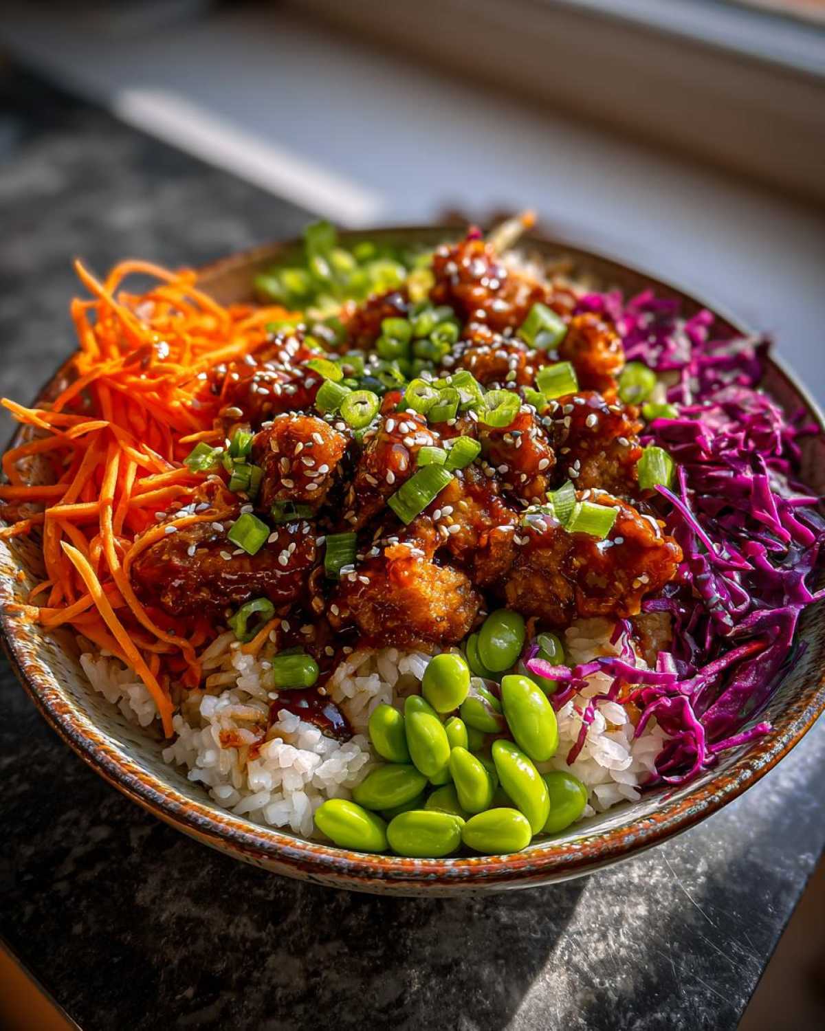 A vibrant Sweet Chili Chicken Bowl featuring glazed chicken pieces over rice, surrounded by shredded carrots, red cabbage, and edamame.