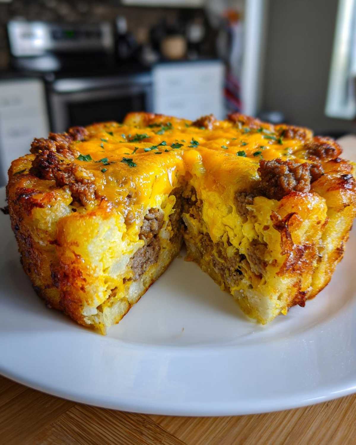 A round Tater Tot Breakfast Casserole cut in half, showing layers of tater tots, sausage, egg, and melted cheddar cheese.