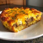 A thick slice of Tater Tot Breakfast Casserole topped with melted cheddar cheese and parsley.