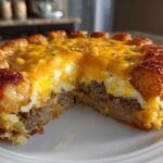 A cross-section view of a Tater Tot Breakfast Casserole slice showing layers of tater tots, sausage, egg, and melted cheddar cheese.