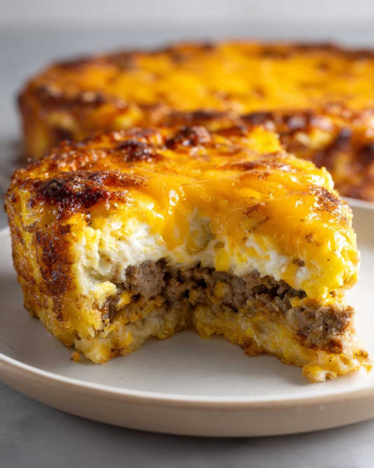 A close-up of a slice of Tater Tot Breakfast Casserole showing layers of tater tots, sausage, egg, and melted cheddar cheese.