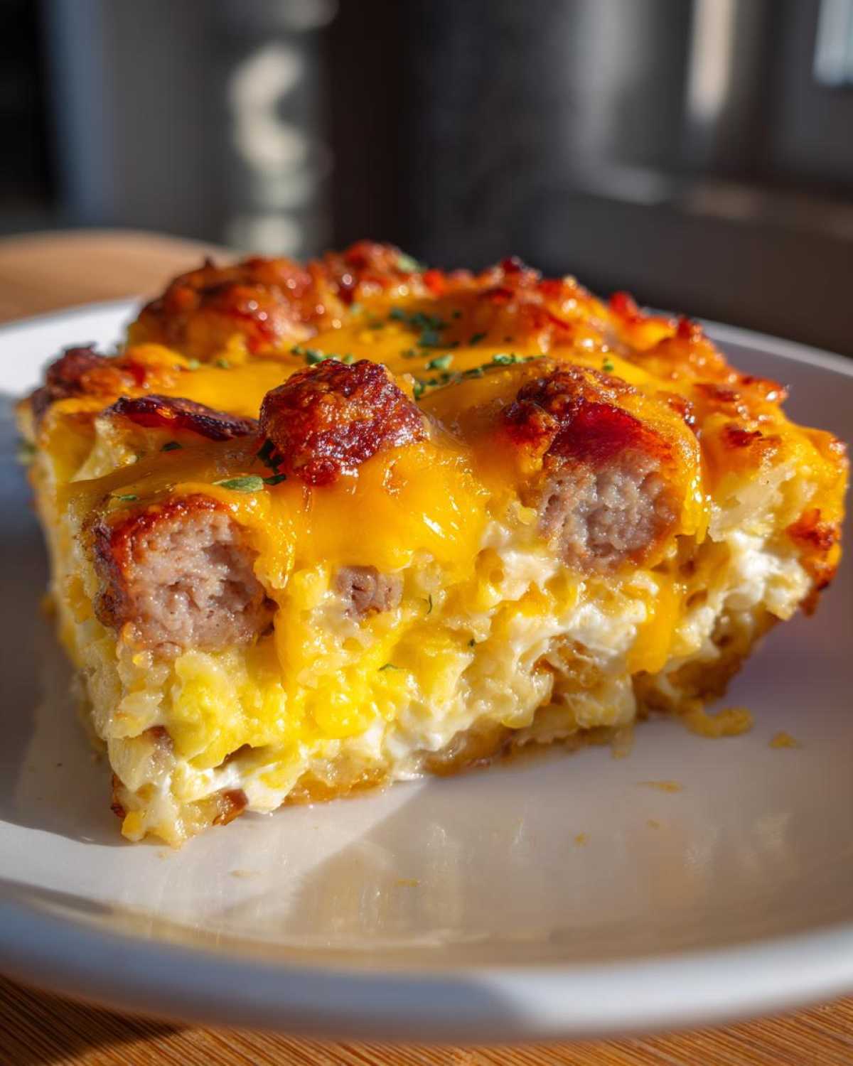 A close-up slice of Tater Tot Breakfast Casserole featuring eggs, sausage chunks, and melted cheddar cheese.