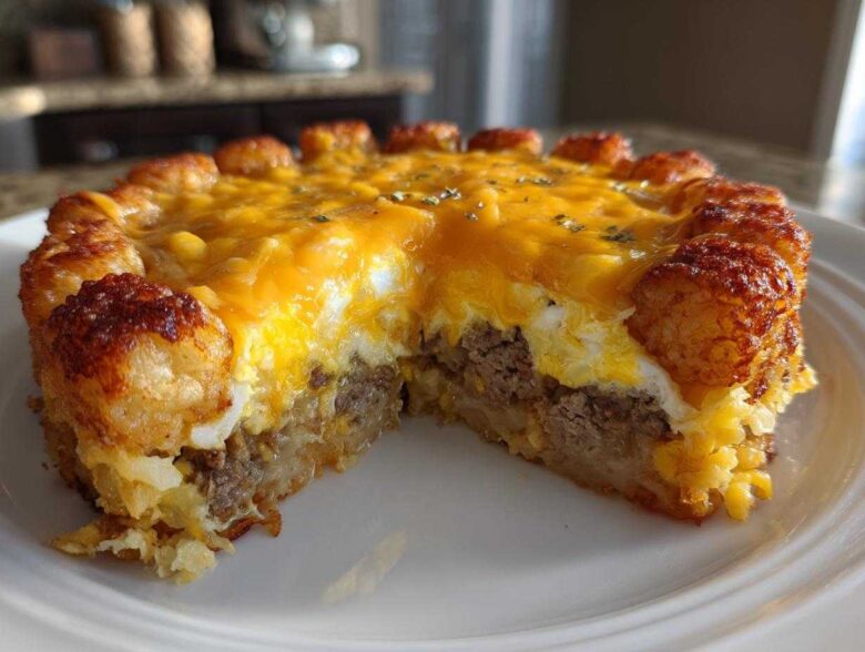 A cross-section view of a Tater Tot Breakfast Casserole slice showing layers of tater tots, sausage, egg, and melted cheddar cheese.
