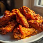 A close-up of a pile of crispy, saucy Air Fryer Chicken Wings on a white plate, highlighted by sunlight.