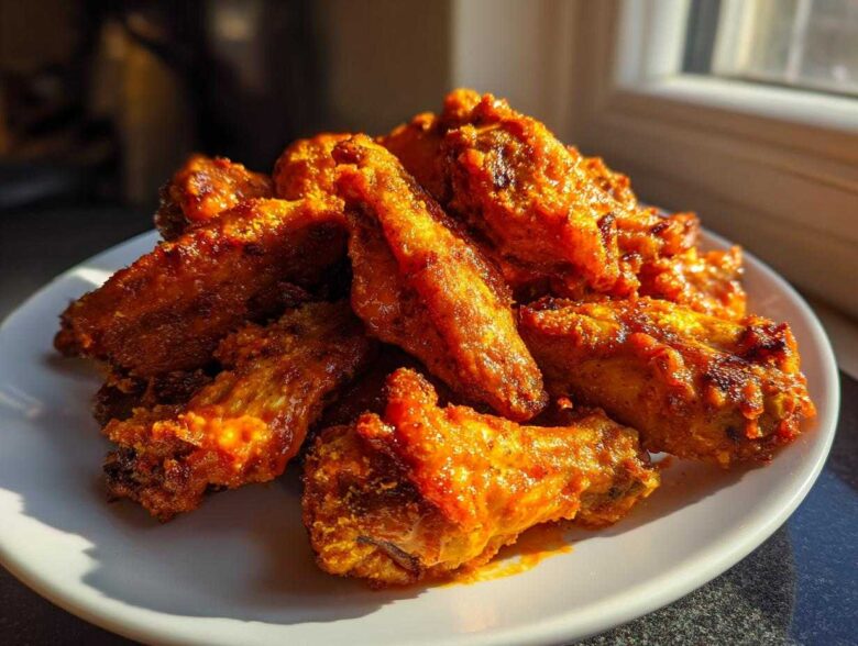 A close-up of a pile of crispy, saucy Air Fryer Chicken Wings on a white plate, highlighted by sunlight.