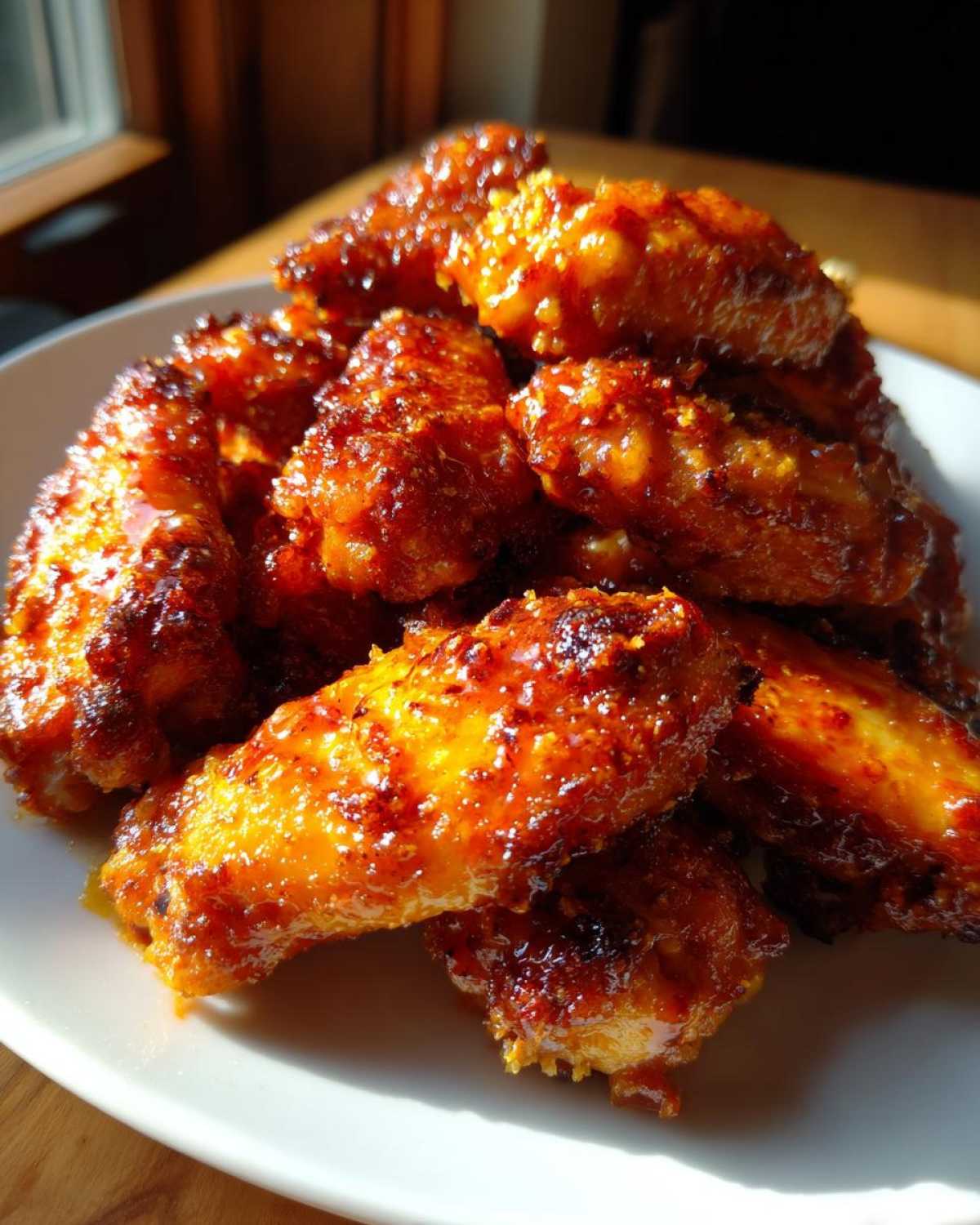 A pile of glossy, caramelized Air Fryer Chicken Wings glistening under bright sunlight on a white plate.