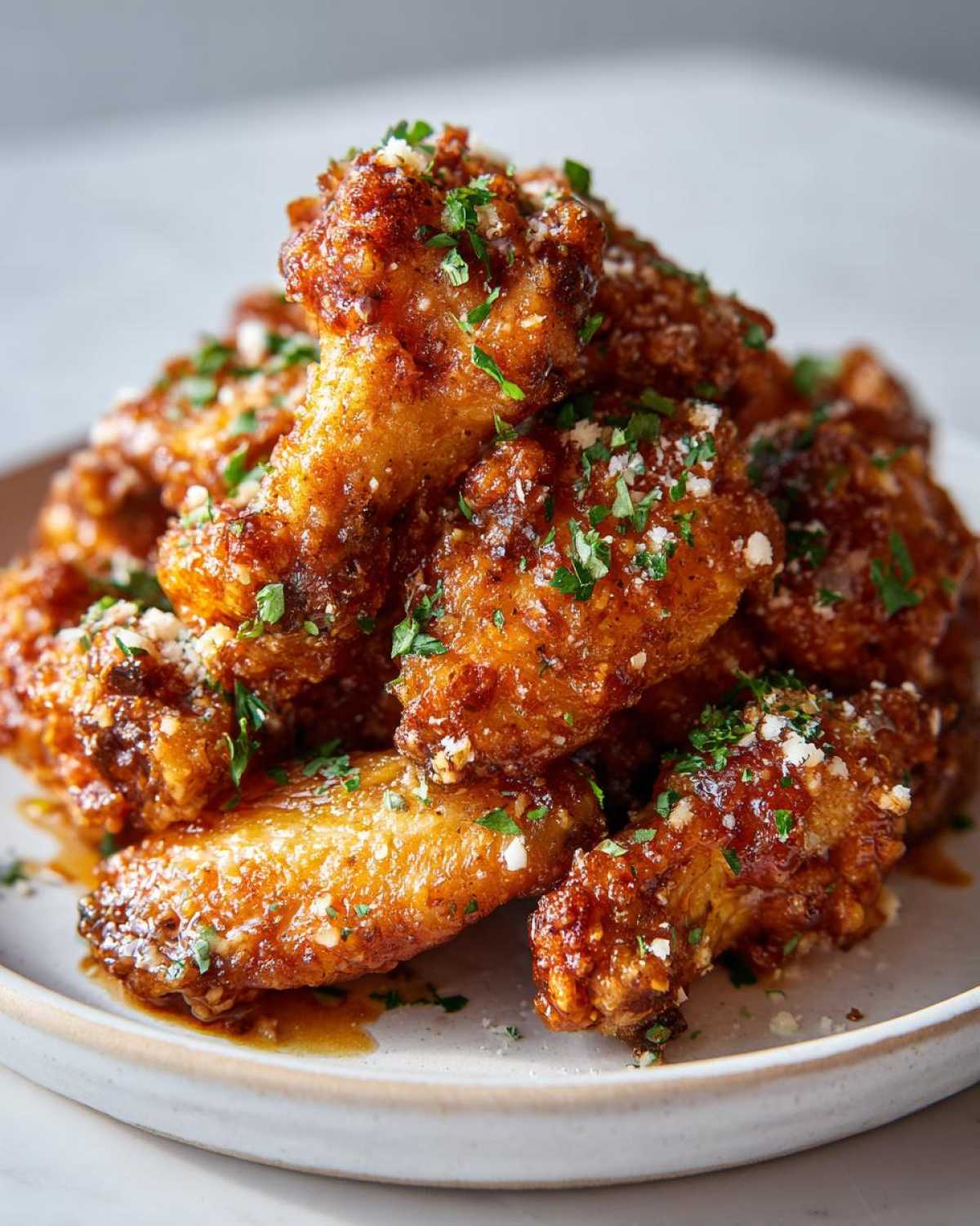 A close-up of crispy, saucy Air Fryer Garlic Parmesan Wings piled high and topped with grated cheese and fresh parsley.
