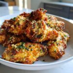 A close-up of crispy, golden Air Fryer Garlic Parmesan Wings piled high in a white bowl, topped with grated cheese and parsley.