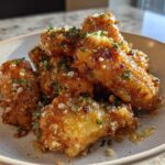 A close-up of golden brown Air Fryer Garlic Parmesan Wings coated in sauce, topped with grated cheese and parsley.