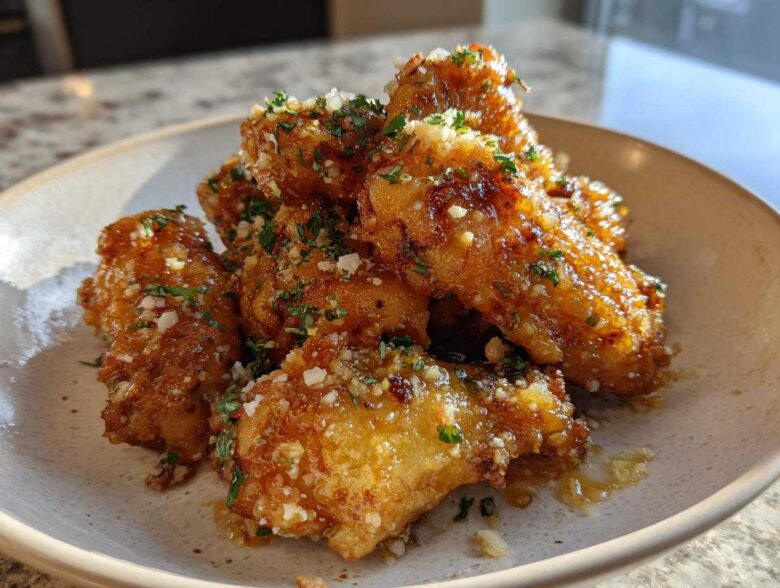 A close-up of golden brown Air Fryer Garlic Parmesan Wings coated in sauce, topped with grated cheese and parsley.