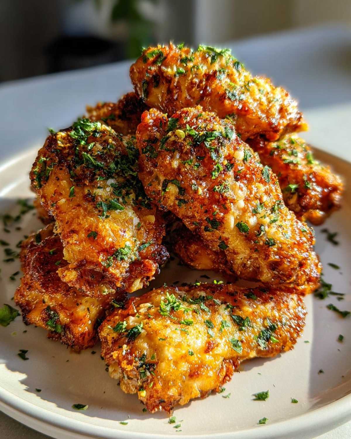 A stack of crispy, golden brown Air Fryer Garlic Parmesan Wings generously topped with chopped parsley.