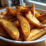 Close-up of perfectly cooked, golden brown Air Fryer Potatoes wedges seasoned with pepper in a white bowl.