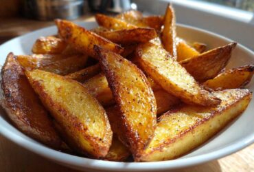 Close-up of perfectly cooked, golden brown Air Fryer Potatoes wedges seasoned with pepper in a white bowl.