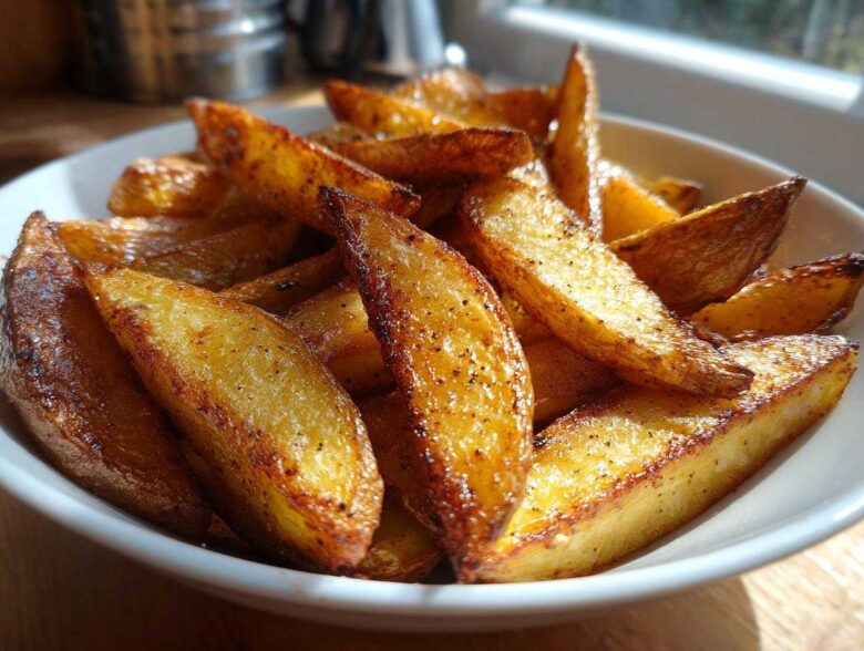 Close-up of perfectly cooked, golden brown Air Fryer Potatoes wedges seasoned with pepper in a white bowl.