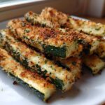 Close-up of golden brown, breaded Air Fryer Zucchini sticks stacked on a white plate.