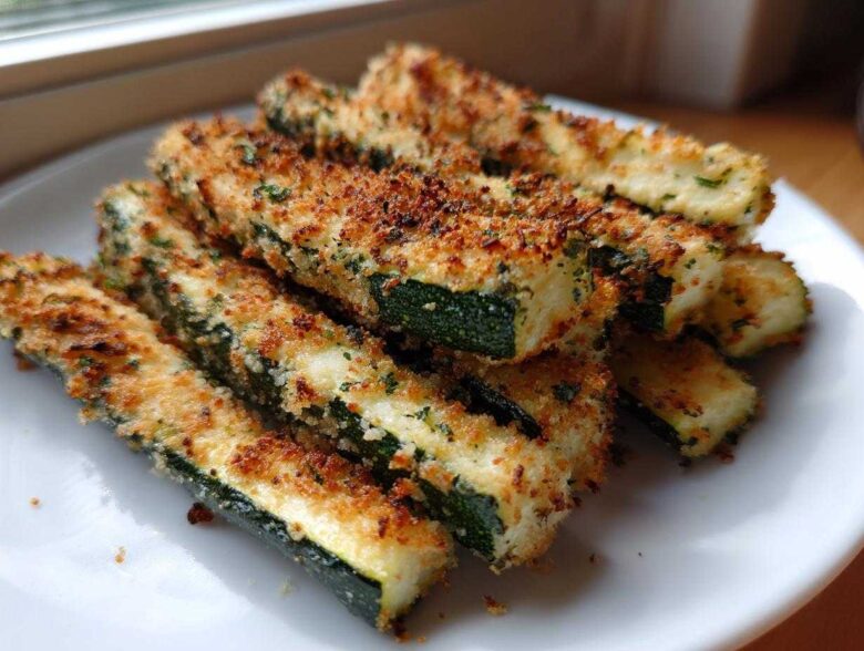 Close-up of golden brown, breaded Air Fryer Zucchini sticks stacked on a white plate.