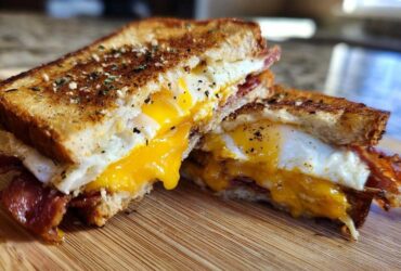 Cross-section of a Bacon Cheddar & Fried Egg Sandwich showing runny yolk, melted cheese, and crispy bacon on toasted bread.