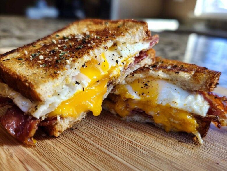 Cross-section of a Bacon Cheddar & Fried Egg Sandwich showing runny yolk, melted cheese, and crispy bacon on toasted bread.