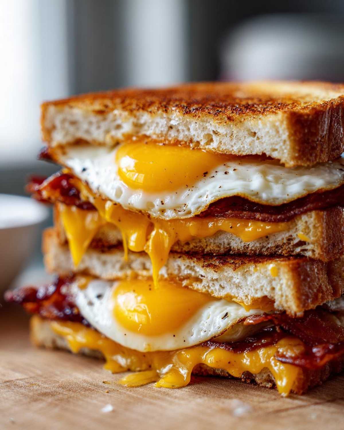 A tall, stacked Bacon Cheddar & Fried Egg Sandwich with two sunny-side-up eggs and dripping melted cheese.