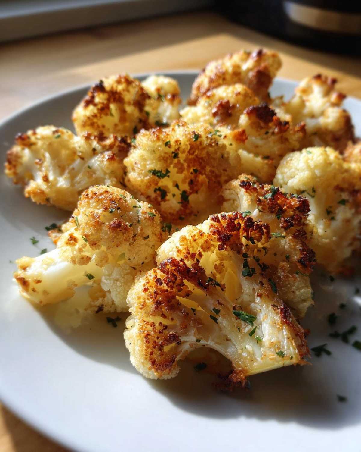 Close-up of golden-brown, crispy Baked Cauliflower florets garnished with fresh parsley on a white plate.