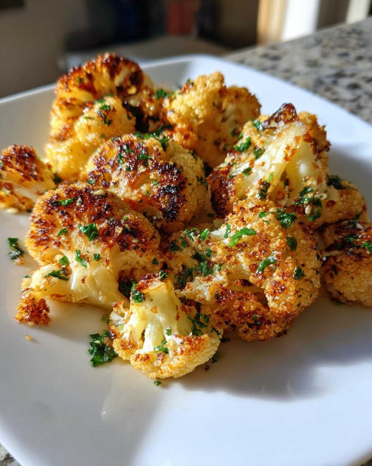 Close-up of golden brown, perfectly seasoned Baked Cauliflower florets sprinkled with fresh green parsley on a white plate.