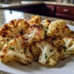 Close-up of golden-brown, roasted florets of Baked Cauliflower sprinkled with green herbs on a white plate.