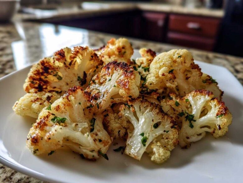 Close-up of golden-brown, roasted florets of Baked Cauliflower sprinkled with green herbs on a white plate.
