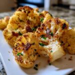 Close-up of golden brown, caramelized slices of Baked Cauliflower seasoned with herbs.