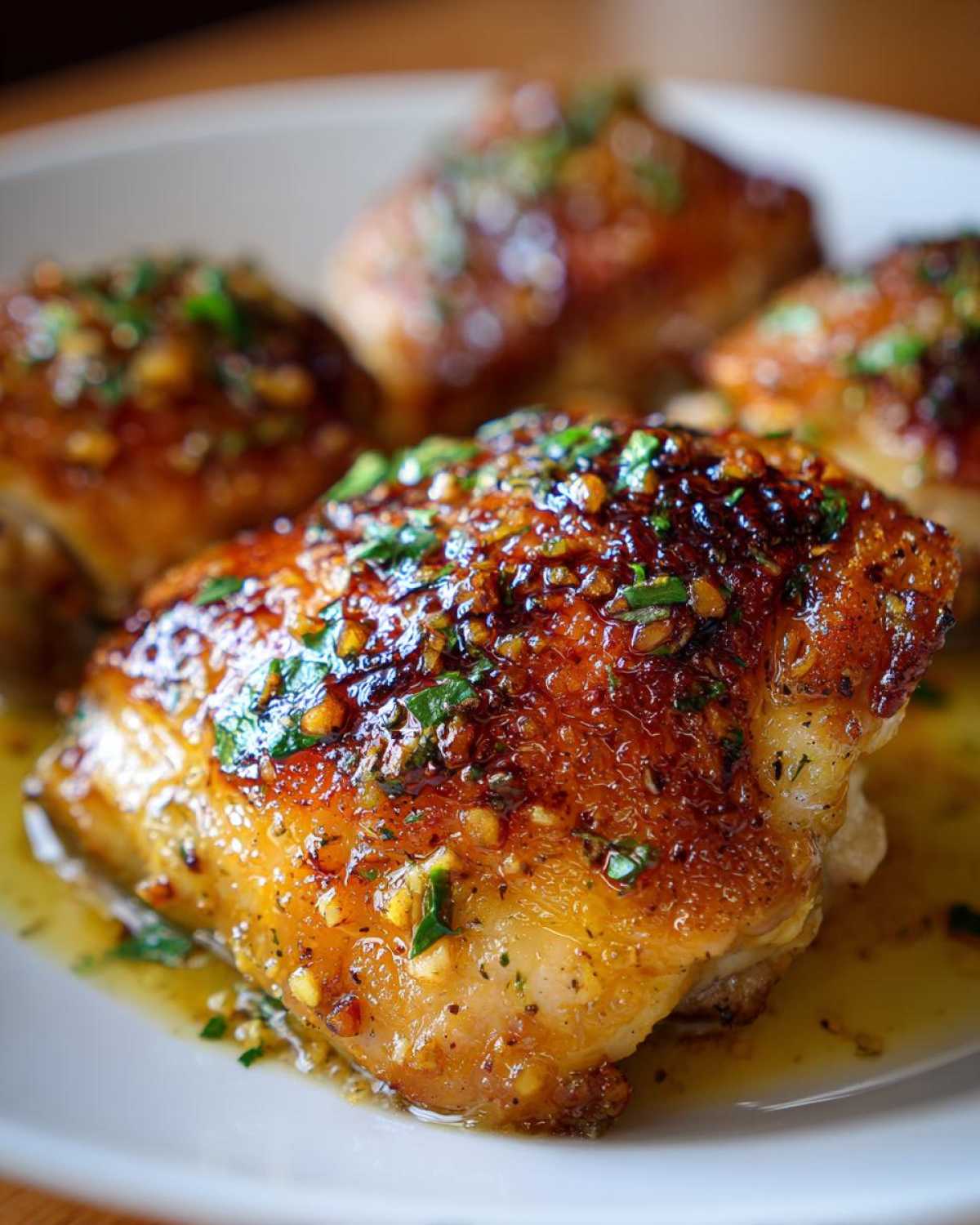 Close-up of juicy Baked Chicken Thighs with Garlic Butter Sauce, topped with minced garlic and parsley.