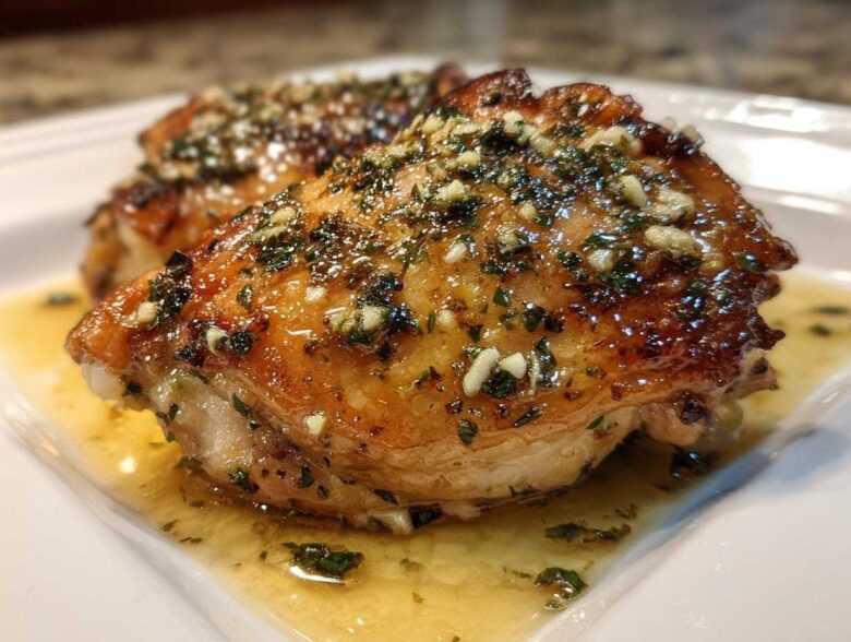 Close-up of perfectly cooked Baked Chicken Thighs with Garlic Butter Sauce, glistening with herbs.
