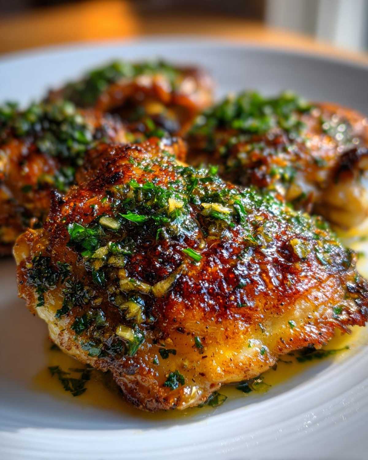 Close-up of crispy Baked Chicken Thighs with Garlic Butter Sauce topped with fresh herbs.