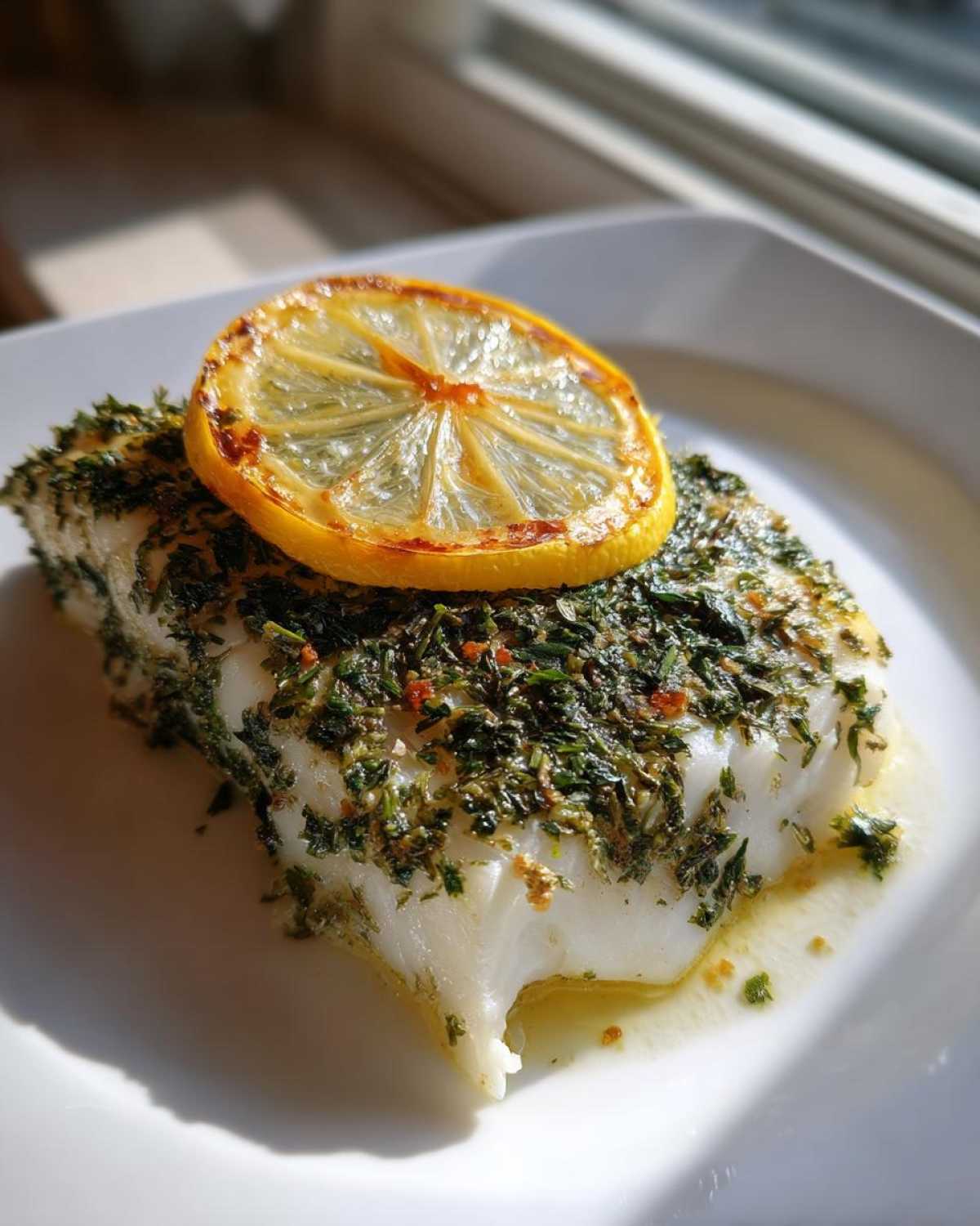 A close-up of a flaky piece of baked cod topped with green herbs and a caramelized lemon slice.
