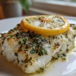 Close-up of a flaky piece of Baked Cod topped with herbs and a bright lemon slice.