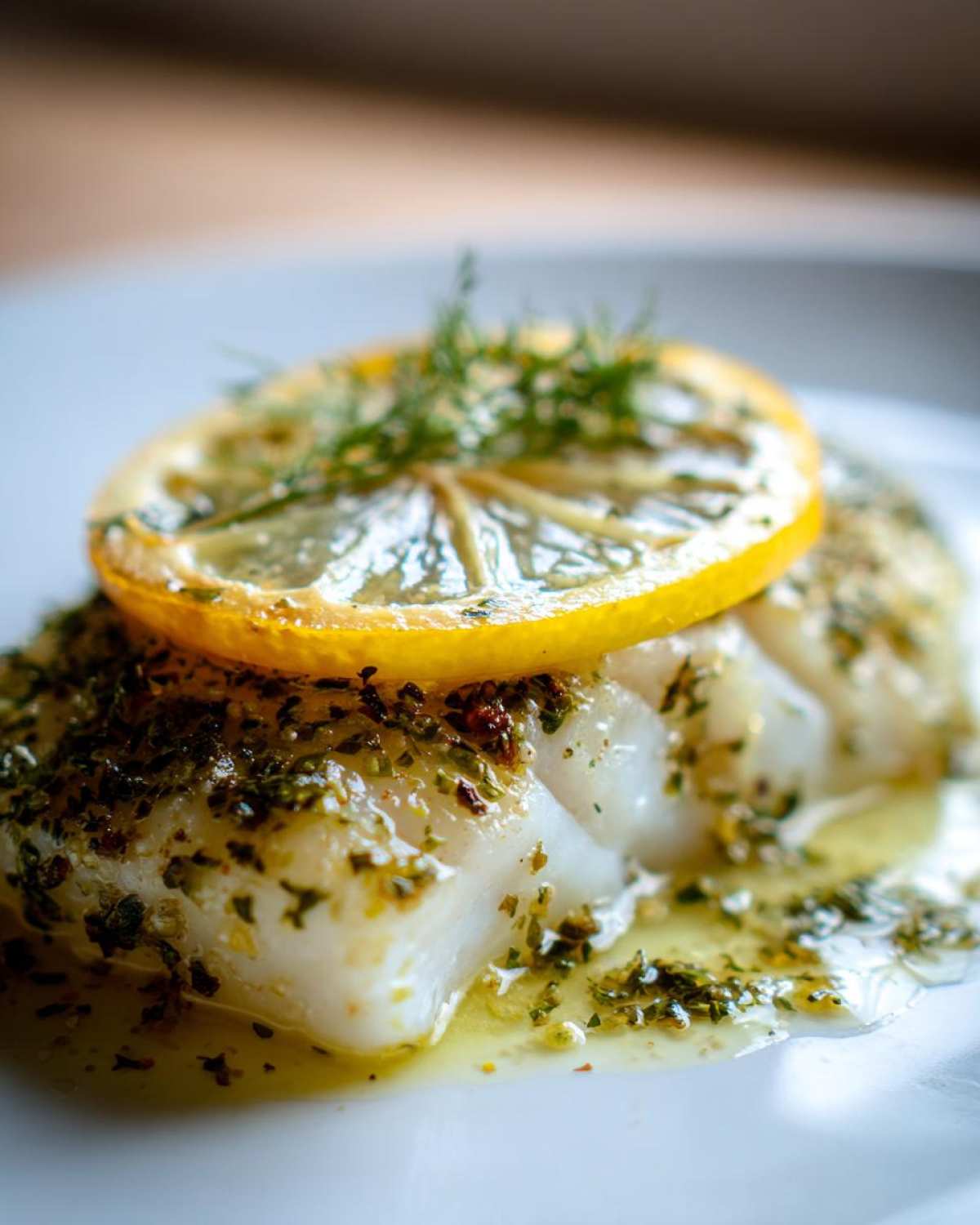 Close-up of a flaky piece of Baked Cod topped with melted butter, green herbs, and a slice of lemon with dill.