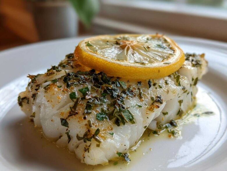 Close-up of a flaky piece of Baked Cod topped with herbs and a bright lemon slice.