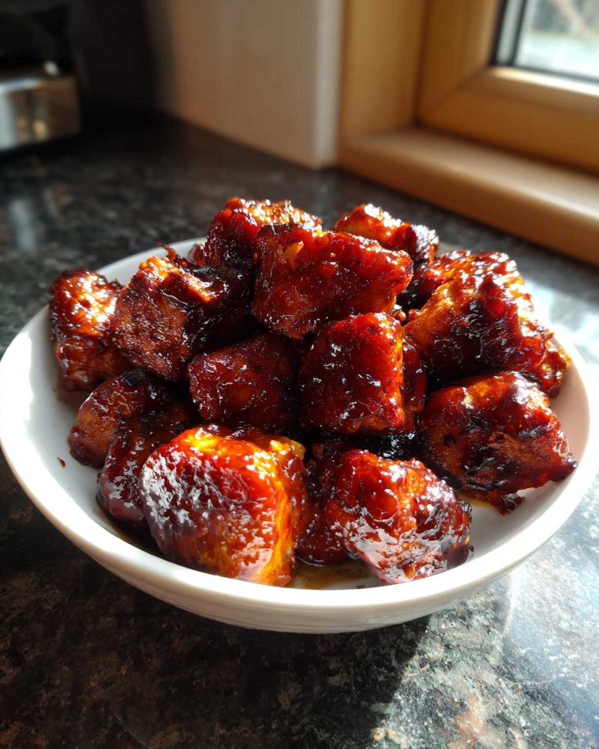 A bowl piled high with sticky, glazed Bbq Chicken Bites, glistening under natural light.