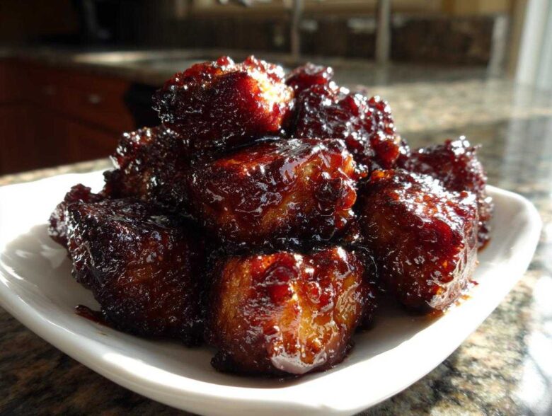 A close-up of glistening, dark-glazed Bbq Chicken Bites piled high on a small white serving dish.