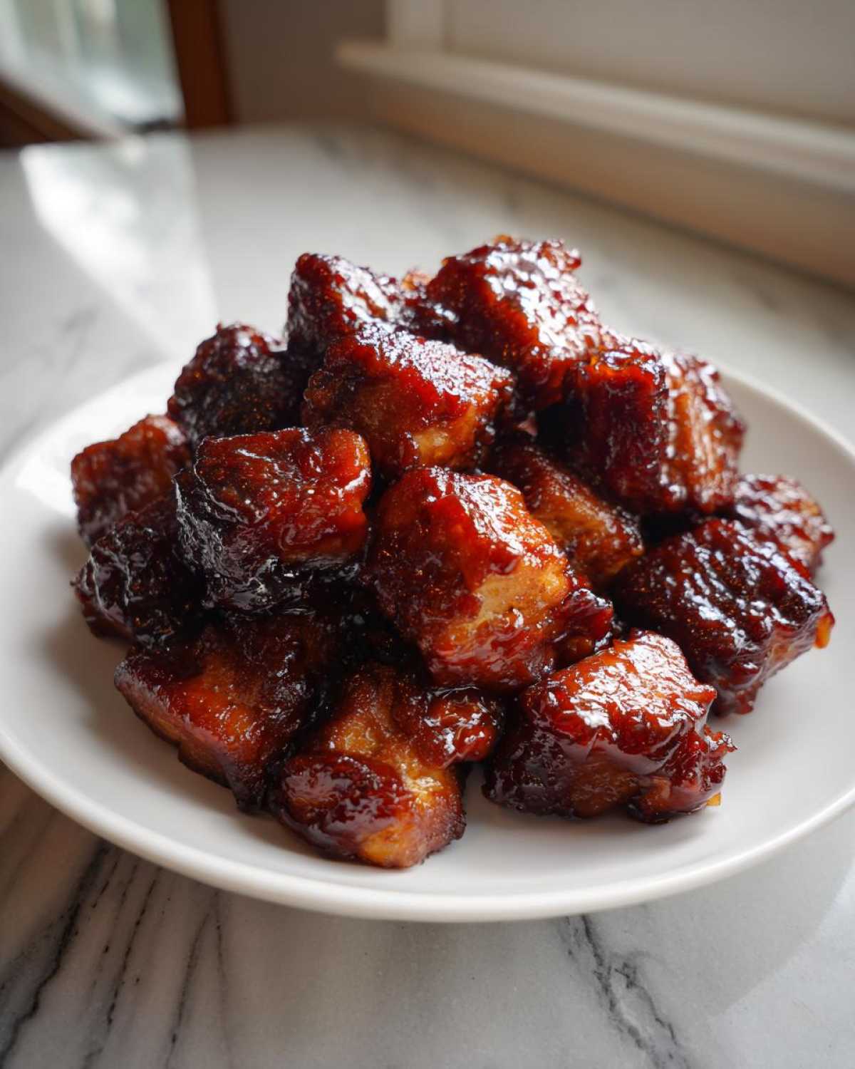 A close-up of a pile of glossy, caramelized Bbq Chicken Bites served on a white plate.