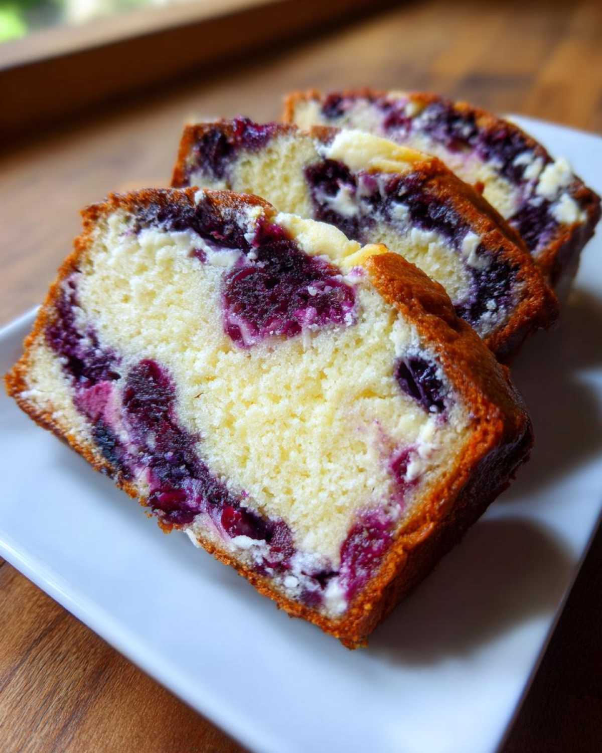 Three thick slices of Blueberry Cream Cheese Bread Loaf showing swirls of cream cheese and dark blueberries in a moist yellow crumb.