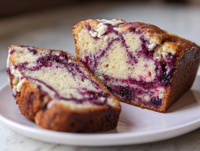 Close-up of two slices of Blueberry Cream Cheese Bread Loaf showing the marbled purple blueberry swirl inside.