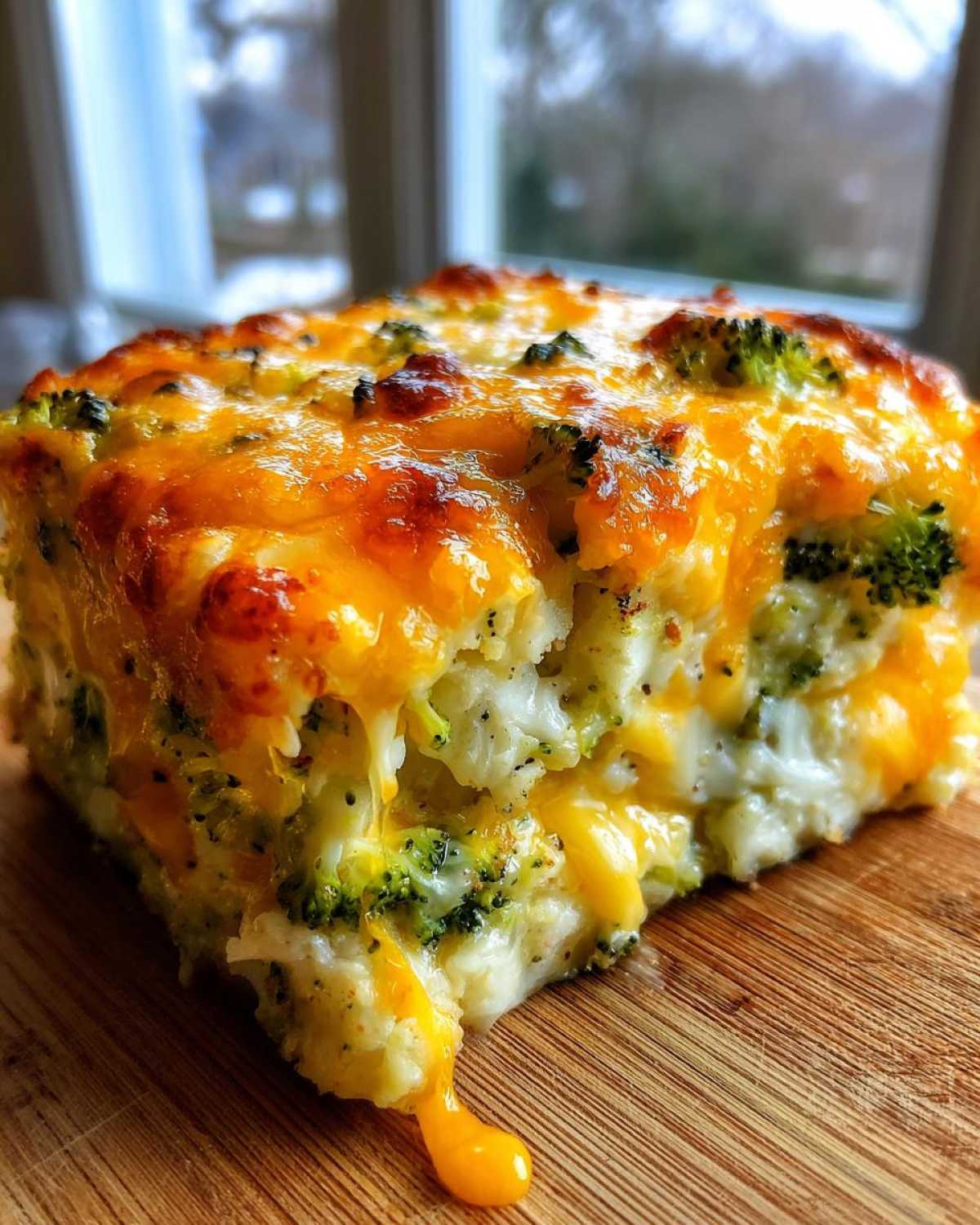 A close-up of a square serving of Cheesy Cauliflower Broccoli Casserole with melted cheddar cheese dripping down.