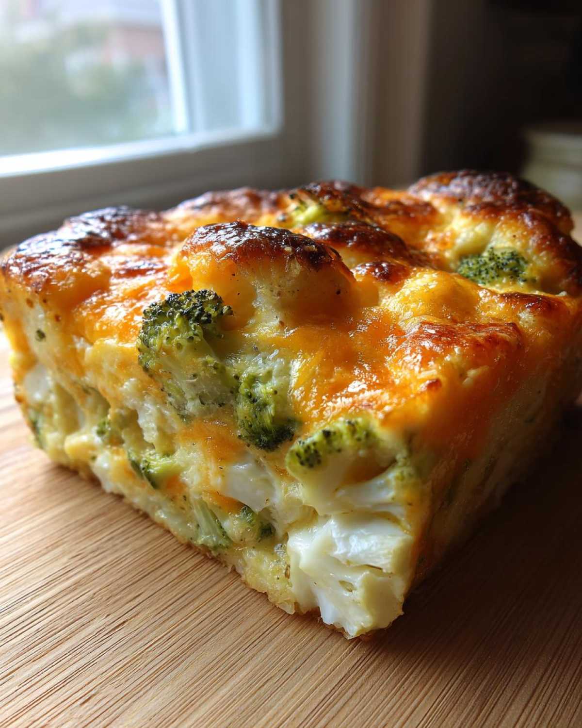 A thick slice of Cheesy Cauliflower Broccoli Casserole showing creamy filling, white cauliflower, green broccoli florets, and a golden-brown cheesy crust.