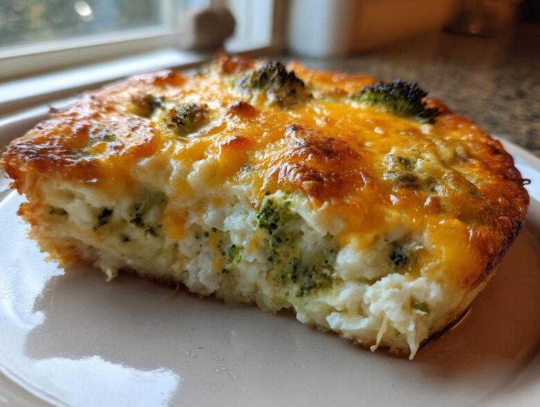 A close-up of a baked slice of Cheesy Cauliflower Broccoli Casserole with melted, golden-brown cheese topping.