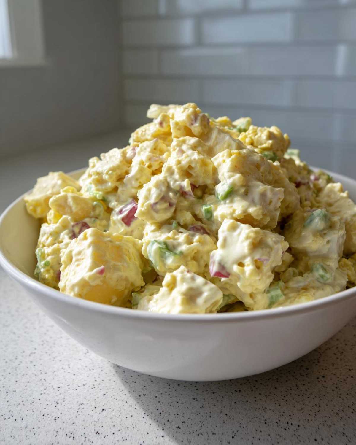 A large white bowl filled high with creamy, yellow Chick-fil-A Potato Salad featuring chunks of potato, celery, and red onion.