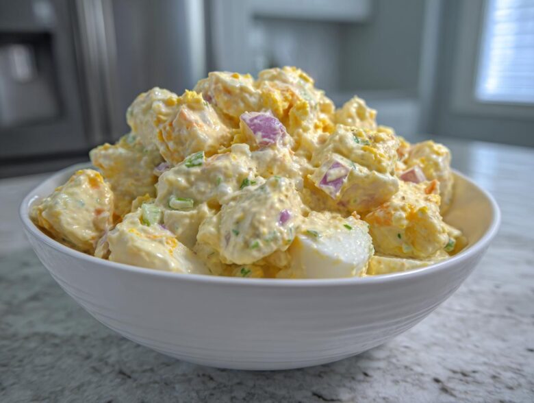A large white bowl filled with creamy Chick-fil-A Potato Salad featuring chunks of potato, egg, and red onion.