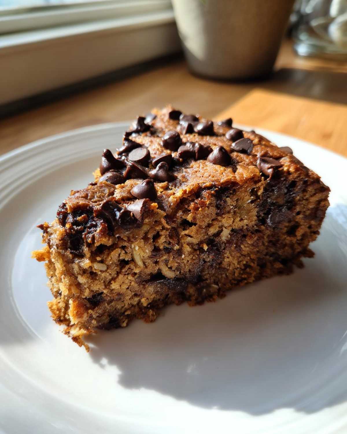 A moist slice of Chocolate Chip Banana Bars topped with semi-sweet chocolate chips, sitting on a white plate.
