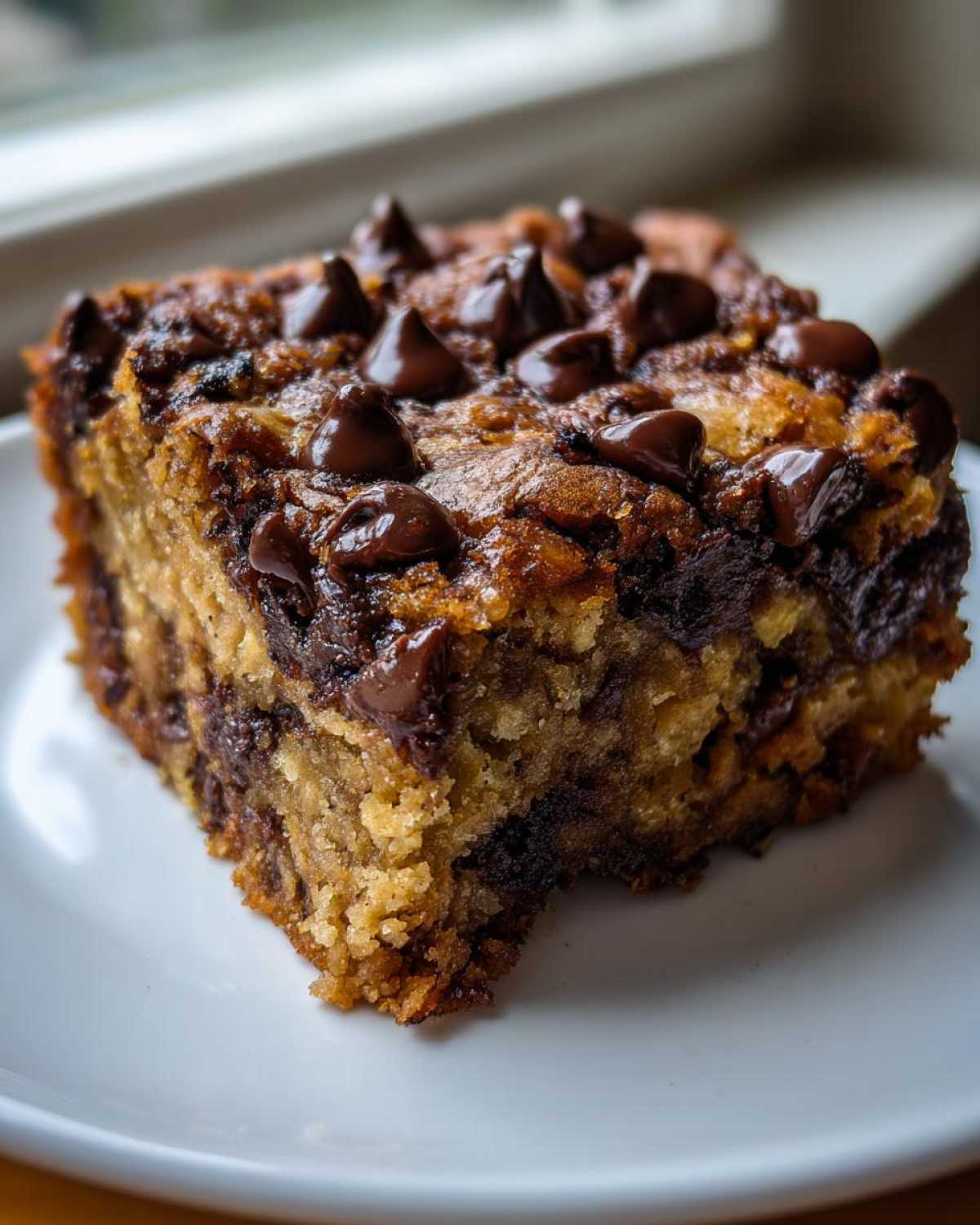 A close-up of a single, moist square of Chocolate Chip Banana Bars topped with melted chocolate chips on a white plate.
