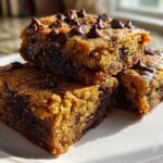 Three stacked, moist Chocolate Chip Banana Bars topped generously with semi-sweet chocolate chips, sitting on a white plate.